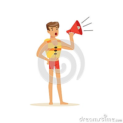 Male lifeguard in red shorts shouting by megaphone, professional rescuer on the beach vector Illustration Vector Illustration