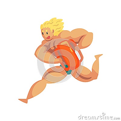 Male lifeguard running with life preserver buoy, muscular professional rescuer on duty vector Illustration on a white Vector Illustration