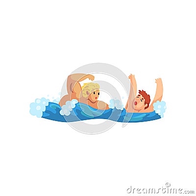 Male lifeguard saving a drowning man, professional rescuer on duty vector Illustration on a white background Vector Illustration