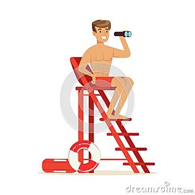 Male lifeguard sitting on lookout tower and looking at binoculars, professional rescuer on the beach vector Illustration Vector Illustration