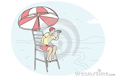 Male lifeguard on tower on beach Vector Illustration