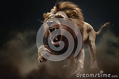 A male lion attacks and pounces with a powerful and ferocious expression while billowing a cloud of smoke.Generative AI. Stock Photo