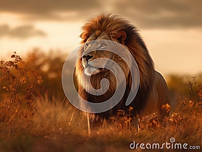Male lion stands in safari Stock Photo
