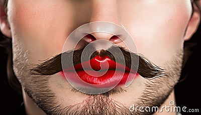 Male lips red make up lipstick close up LGBT person with thick mustache and unshaven face Stock Photo
