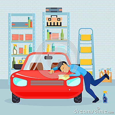 Male Love His Car Composition Vector Illustration