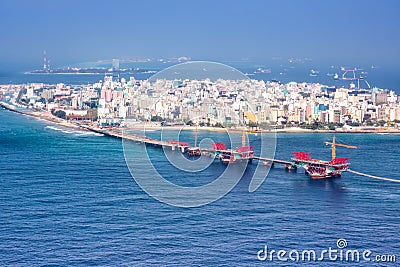 Male Maldives capital city island sea bridge aerial photo Stock Photo