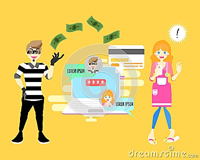 Male,man cyber hacker scammer online stealing money concept with shocked female,woman holding mobile smart phone Vector Illustration