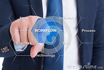 Male manager pressing selecting workflow button Stock Photo