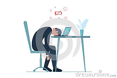 Male manager professional burnout syndrome. Exhausted sick tired businessman sitting with head down on laptop. Sad Vector Illustration