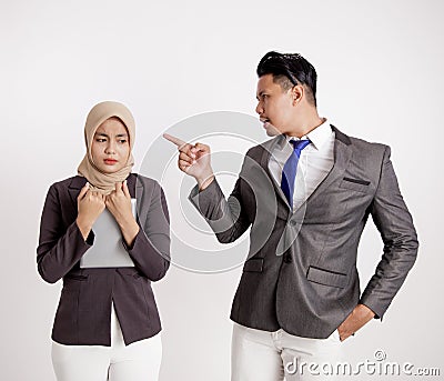 male manager was angry with the female staff for making a mistake. concept of work office Stock Photo