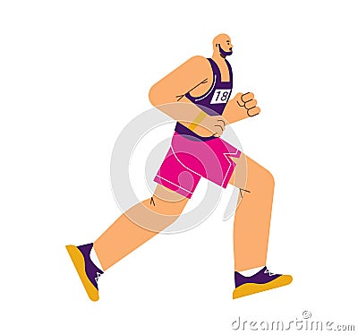 Male marathon runner, bald man in sportswear jogging, sport and fitness cartoon character number 18 vector illustration Vector Illustration