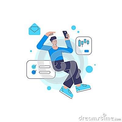 Male marketologist working digital promotion strategy development analytics mass media statistics Vector Illustration