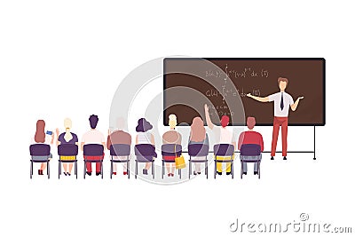 Male Math Professor Teaching Students in Classroom, University, College, High School Lesson Flat Vector Illustration Vector Illustration