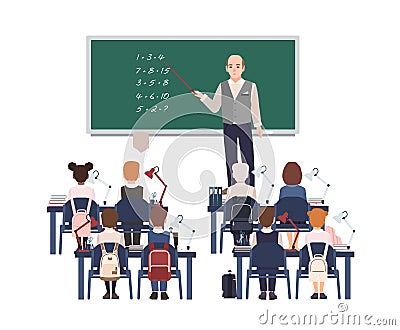 Male math teacher explaining addition to elementary school kids or pupils. Friendly man teaching mathematics or Vector Illustration