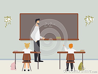 Male math teacher explaining multiplication to elementary school pupils or children near chalkboard. Young man teaching Vector Illustration