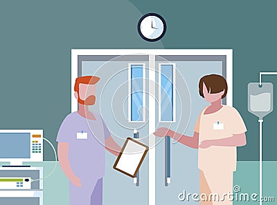 male medicine workers in operating theater Cartoon Illustration