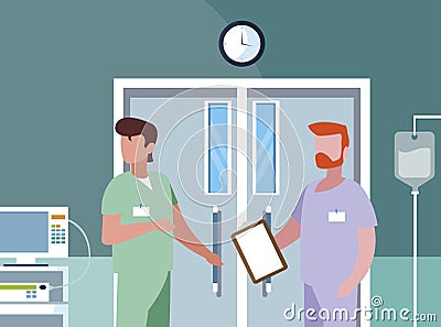 male medicine workers in operating theater Cartoon Illustration