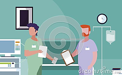 male medicine workers in operating theater Cartoon Illustration