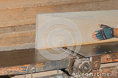 Male Men Production Workshop Worker Hand Grinding Wooden Board Plank Machine Tool Industrial Equipment Stock Photo