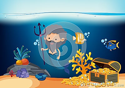 Male mermaid with trident and gold in the sea Vector Illustration