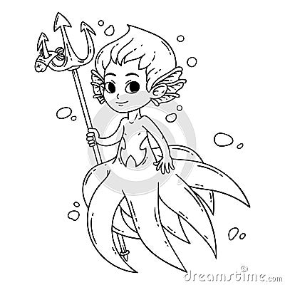 Male mermaid. Vector illustration. Coloring page. Vector Illustration