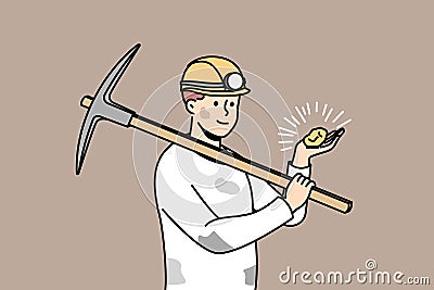 Male miner in helmet with stone in hands Vector Illustration
