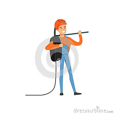 Male miner worker in uniform standing with pickaxe and wire roll, professional miner at work, coal mining industry Vector Illustration