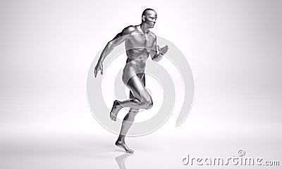 3D Rendering : male model with silver shader skin texture is running in the studio Stock Photo