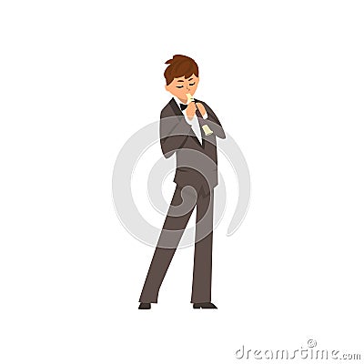 Male musician playing flute, flutist man wearing black elegant suit playing classical music vector Illustration on a Vector Illustration