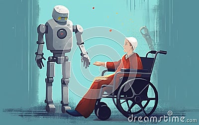 Illustration of a disabled woman sitting in a wheelchair and talking with a robot nurse. Stock Photo