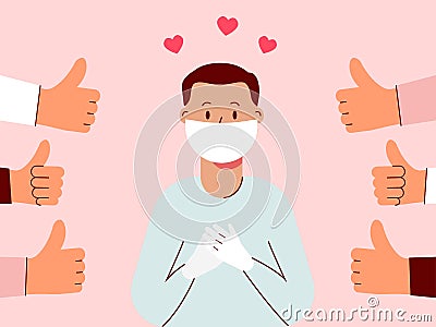 Male nurse wearing a surgical mask feels good when it`s appreciated. Vector Illustration