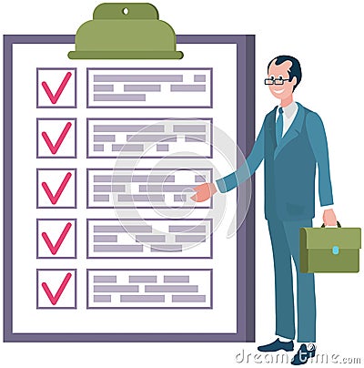 Male office worker check checklist mark completion of tasks and plans. Businessman with to do list Vector Illustration