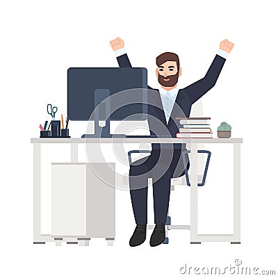 Male office worker or clerk sitting at desk and rejoicing. Happy joyful manager celebrating success at workplace Vector Illustration