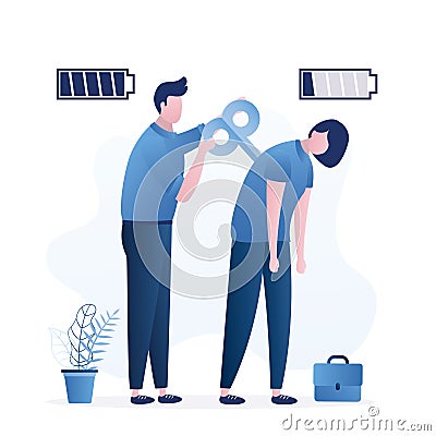 Male office worker with full battery turns winding mechanism of tired female employee. Burn-out, emotional stress. Colleague helps Vector Illustration