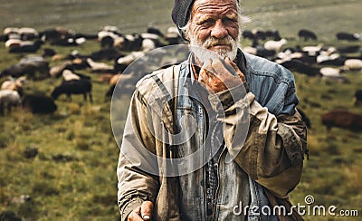 Male old shepherd is looking at camera on herd background. Farmer Professional Portrait Concept Stock Photo