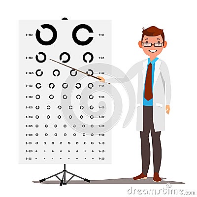 Male Ophthalmology Vector. Sight, Eyesight. Optical Examination. Doctor And Eye Test Chart In Clinic. Ophthalmologist Vector Illustration