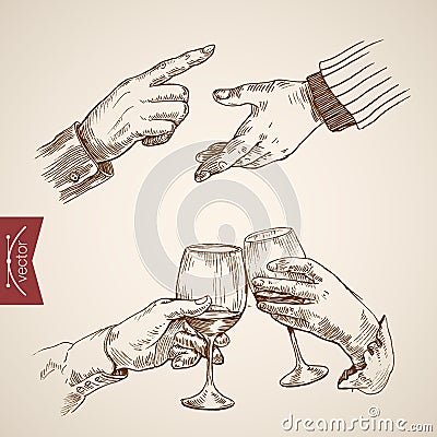 Male outstretched extended hand clink engraving vintage vector Vector Illustration