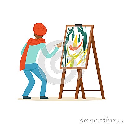 Male painter artist character wearing red beret painting with colorful palette standing near easel vector Illustration Vector Illustration