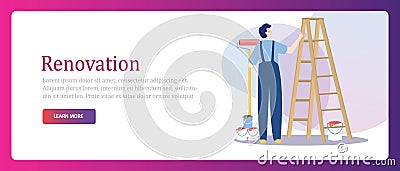 Male painting his home walls from a stepladder. House renovation repair interior service. Vector Illustration