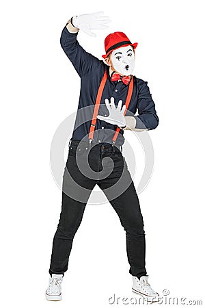 Male pantomime actor fun performing actor, pantomime, posing at the camera. Stock Photo