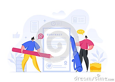Male partners making deal and signing contract Cartoon Illustration