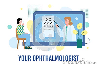 Male patient is examined by an ophthalmologist online a vector flat illustration Vector Illustration