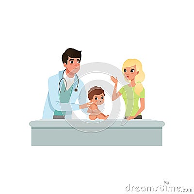 Male pediatrician doing medical exam of little boy or girl at doctors office, healthcare for children vector Vector Illustration