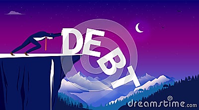 Get rid of debt - Man pushing the word debt over a cliff Vector Illustration