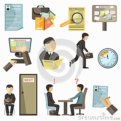 Male Person Searching Job Set of Signs on White Vector Illustration