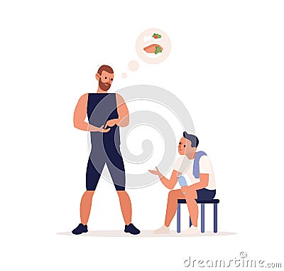 Male personal coach giving advice on nutrition vector flat illustration. Trainer consult man to body healthy and gaining Vector Illustration