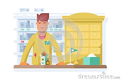 Male pharmacist standing in pharmacy drugstore. Cartoon Illustration