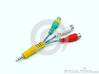 male phono jack to three way RCA female stereo audio adapter isolated on white background, splitter Stock Photo