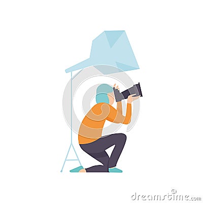 Male Photographer Taking Photos Using Professional Equipment, Cameraman Character Making Pictures in Studio Vector Vector Illustration