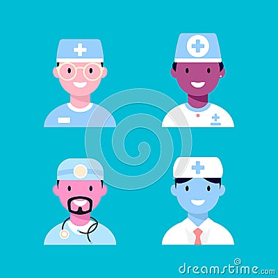 Male Physician Doctor avatar set. Funny multicultural Medical characters. Vector Illustration